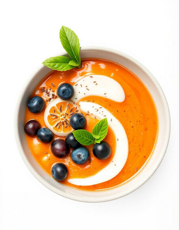 Pumpkin soup with cream and fresh berries on a white background