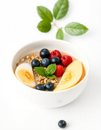 Oatmeal porridge with fresh berries and egg on white background. Healthy breakfast.の写真素材