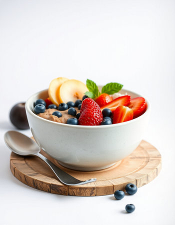 Healthy breakfast bowl of oatmeal with fresh berries on white backgroundの写真素材