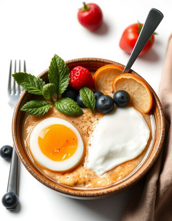 Healthy breakfast: oatmeal porridge with blueberries, strawberries and eggsの写真素材