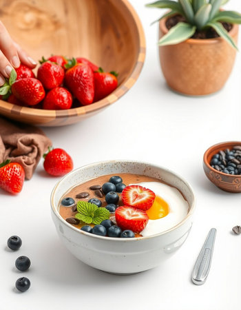 Chocolate mousse with fresh berries in a bowl on a white backgroundの写真素材
