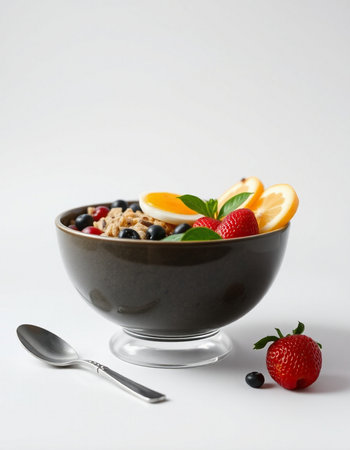 bowl of muesli with fresh berries and orange on white backgroundの写真素材