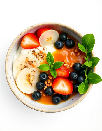 yogurt with strawberries and blueberries in bowl isolated on white background