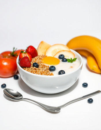 Healthy breakfast with oatmeal, berries and fruits on white backgroundの写真素材