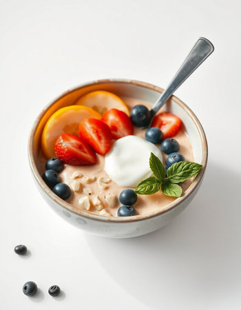 bowl of oatmeal with fresh berries and yogurt on a white backgroundの写真素材