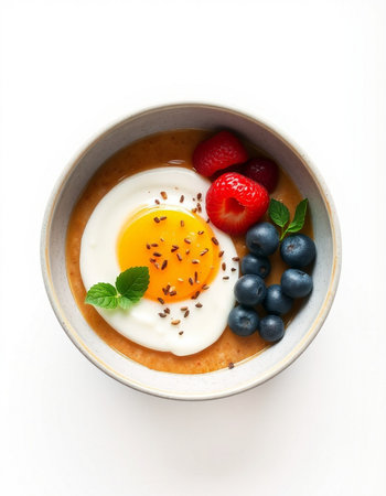 Bowl of oatmeal porridge with berries and fried egg isolated on white background