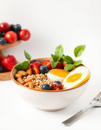 Healthy breakfast bowl with oatmeal, berries and egg on white backgroundの写真素材