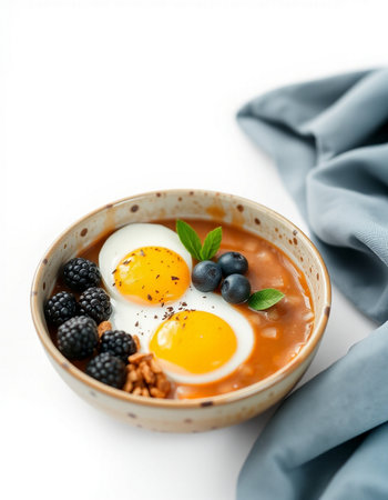 Bowl of oatmeal porridge with blackberries, blueberries and eggs. Healthy breakfast.の写真素材