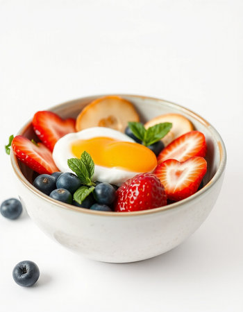 Healthy breakfast with strawberries, blueberries and eggs on white background