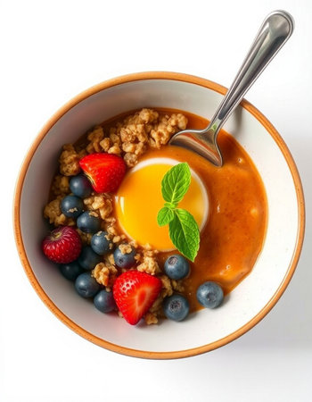 Oatmeal with fresh berries and egg yolk in a bowl on a white backgroundの写真素材