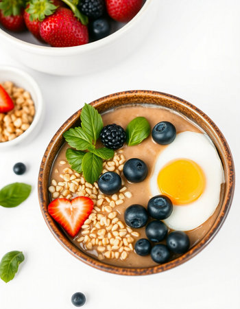 Breakfast bowl with oatmeal, berries and eggs on white backgroundの写真素材