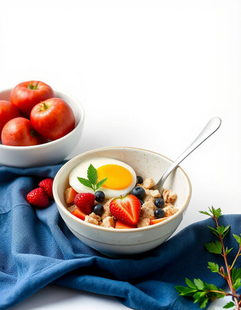 Healthy breakfast with oatmeal, berries and egg on white background