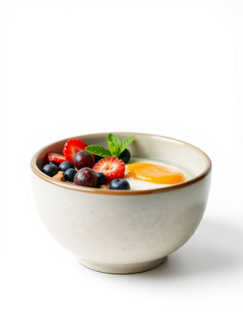 Bowl of oatmeal with fresh berries and egg, isolated on whiteの写真素材