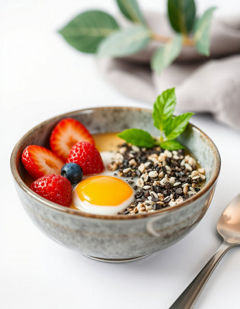 Healthy breakfast bowl with strawberry and black sesame seeds