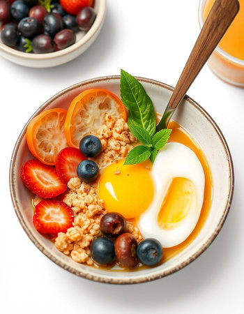 Healthy breakfast with oatmeal, berries and soft-boiled eggの写真素材
