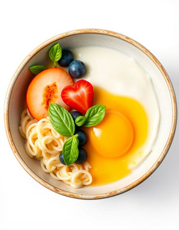Bowl of pasta with egg yolk on white background