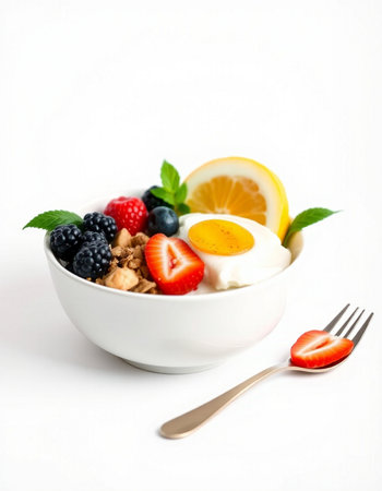 Healthy breakfast with muesli, yogurt and fruits on white backgroundの写真素材