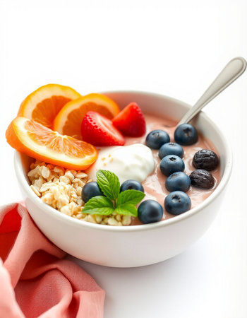 Healthy breakfast bowl with yogurt, berries and oatmeal isolated on white