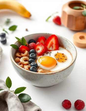 Healthy breakfast with oatmeal, berries and eggs on a white backgroundの写真素材