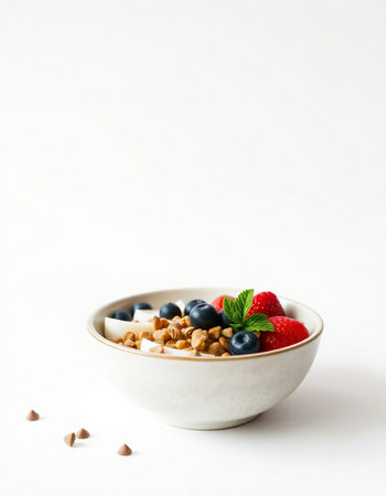bowl of muesli with fresh berries and nuts on white background
