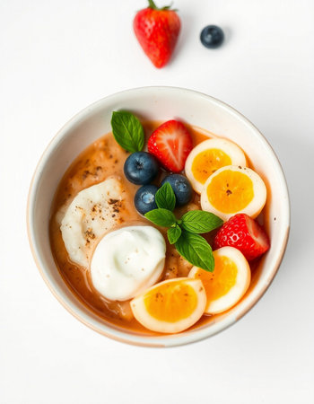 Bowl of yogurt with fresh berries on a white backgroundの写真素材