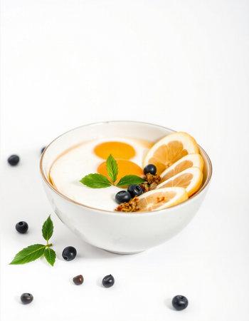 yogurt with blueberries, lemon and mint on a white background