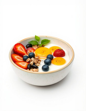 Healthy breakfast with berries and nuts on white background