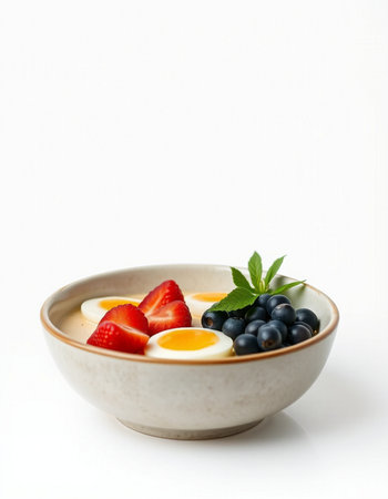 yogurt with strawberries and blueberries in a bowl on a white backgroundの写真素材