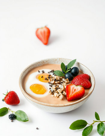 Healthy breakfast bowl with oatmeal, strawberries, blueberries and granola on a white background.の写真素材