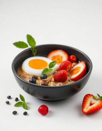 Healthy breakfast with oatmeal, berries and egg on white backgroundの写真素材
