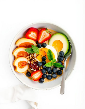 Healthy breakfast bowl with oatmeal, berries, fruits and eggs on white backgroundの写真素材