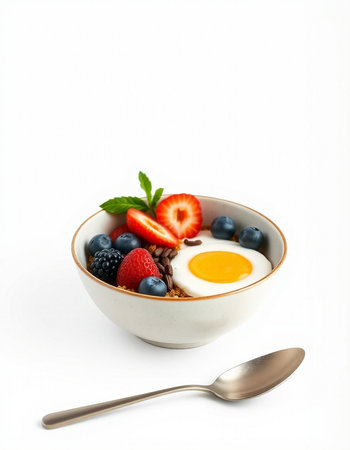 Healthy breakfast with oatmeal, berries and fried egg on white backgroundの写真素材
