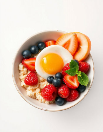 Oatmeal porridge with strawberries, blueberries and egg on white backgroundの写真素材