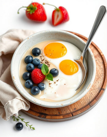 Breakfast with yogurt, berries and eggs on a white background.の写真素材
