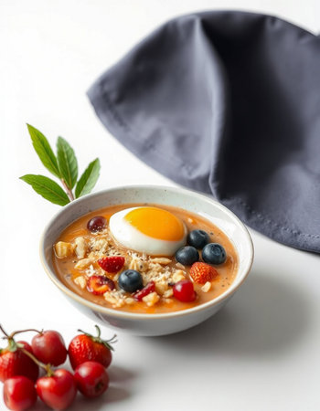 Oatmeal porridge with berries and egg in a bowl on a white backgroundの写真素材