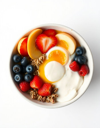 Healthy breakfast bowl with yogurt, fruit and muesli on white backgroundの写真素材