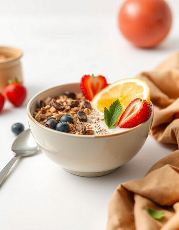 Healthy breakfast with oatmeal and berries on white table, closeupの写真素材