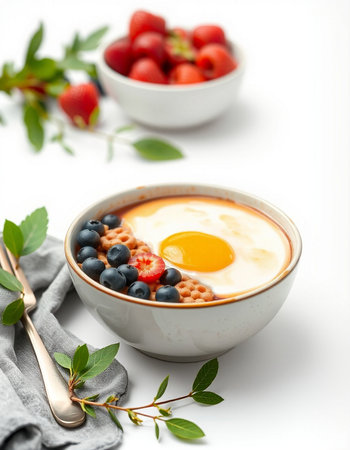 Breakfast with berries and yogurt on white backgroundの写真素材