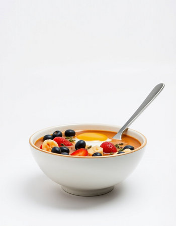 Tomato soup with fresh berries in a bowl on a white backgroundの写真素材