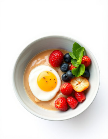 Bowl of oatmeal with berries and egg isolated on white background