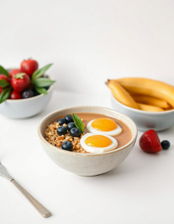 Healthy breakfast bowl with oatmeal, egg and berries on white background