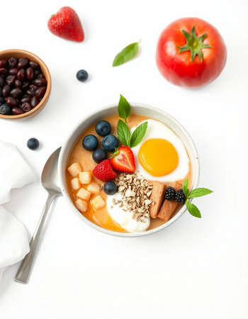 Healthy breakfast bowl with oatmeal, berries and egg on white background