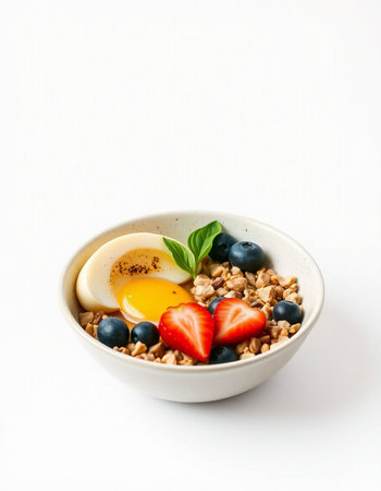 Healthy breakfast with muesli, fresh berries and egg on white backgroundの写真素材
