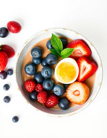 Strawberry, blueberry and raspberries in bowl on white backgroundの写真素材