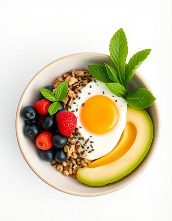 Healthy breakfast bowl with oatmeal, berries and fried egg on white backgroundの写真素材