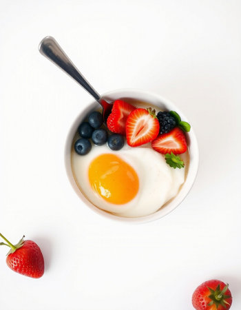 Yogurt with strawberries, blueberries and mint on a white backgroundの写真素材