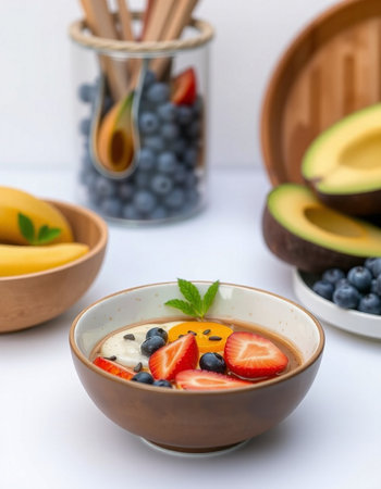 Healthy breakfast bowl with banana, blueberries, strawberries and yogurt.