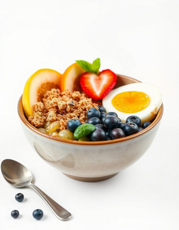 Healthy breakfast with oatmeal, fruit and egg on white background