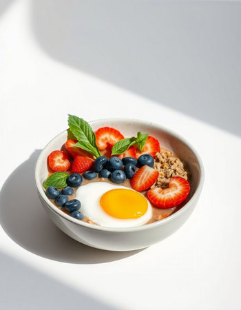 Healthy breakfast with oatmeal, berries and egg on white backgroundの写真素材