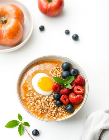 Healthy breakfast bowl with berries and egg on white backgroundの写真素材